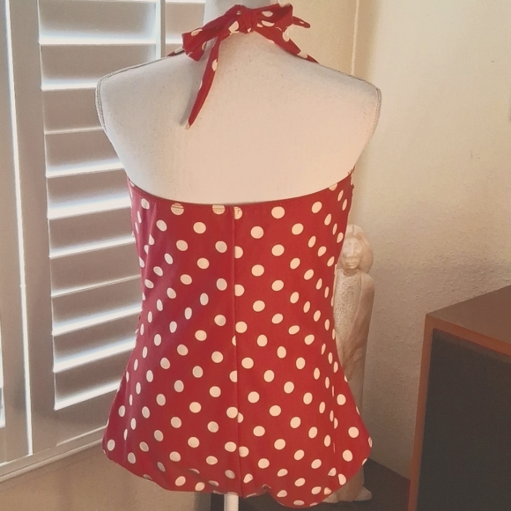 🏊👙Esther Williams Vintage Red Polka Dot  Rusched Front Drape Swimsuit Size 16 - Picture 3 of 9